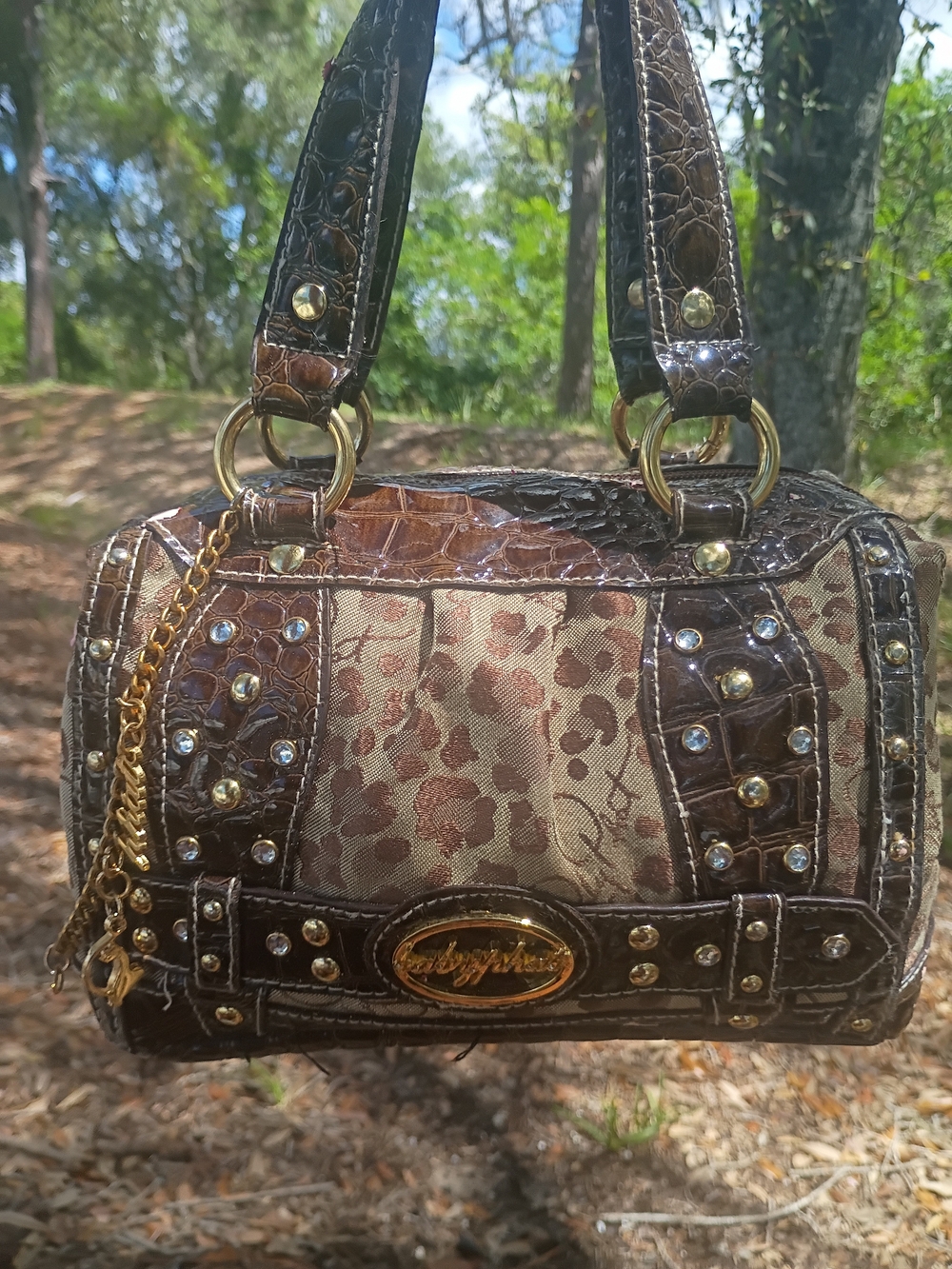 Baby Phat Brown Floral Mini Satchel with Gold Accents